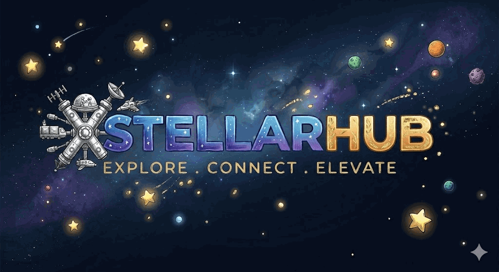 StellarHub logo with a space station, stars, and the tagline Explore · Connect · Elevate